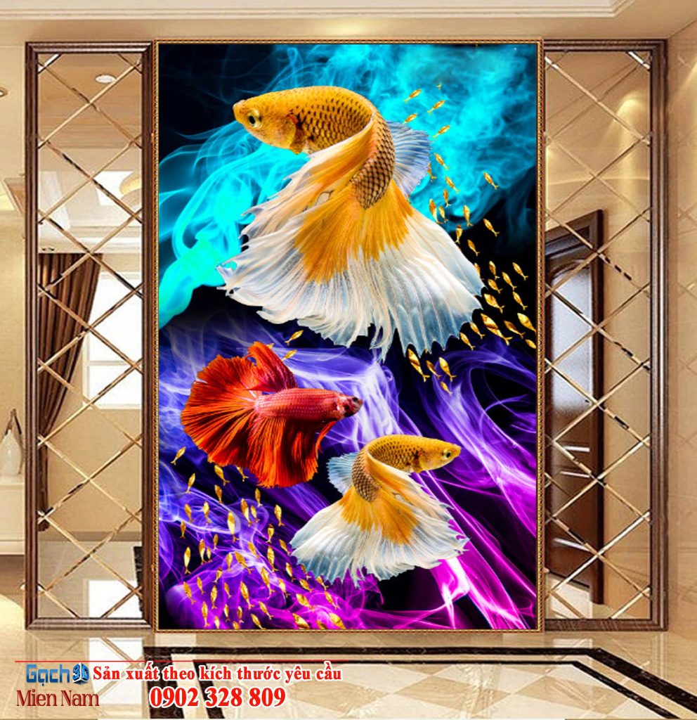 Tranh gạch 3d ốp phòng khách mẫu cá chân thật sống động